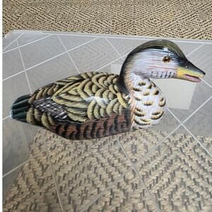 Vintage Wooden Hand Carved Painted Duck Decoy Yellow Brown White Eye Mini